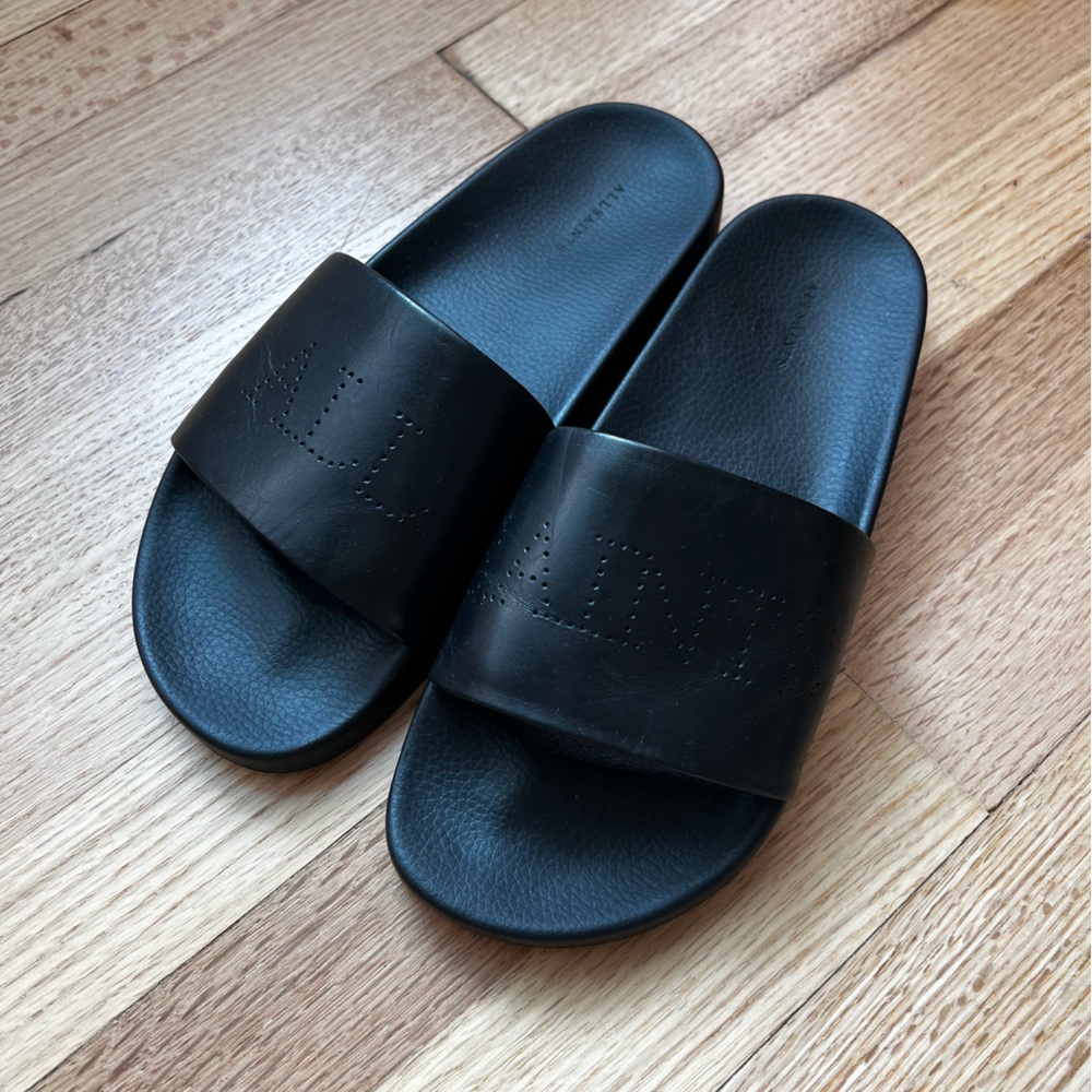 AllSaints size 10 black leather slides